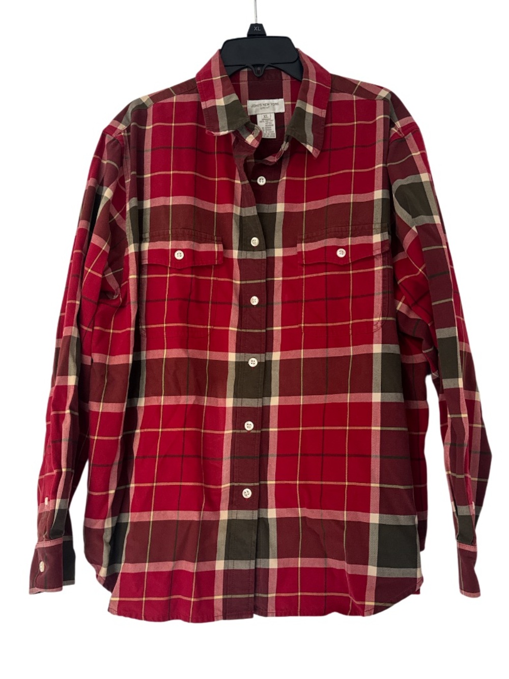 Jones New York Red and Brown Plaid Button-Down Shirt Fall - Size XL